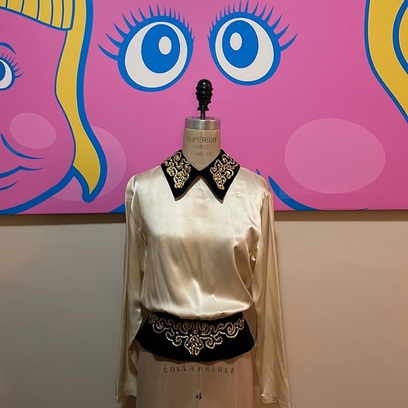 Vintage Ivory Silk Velvet Faux Pearl Trim Blouse